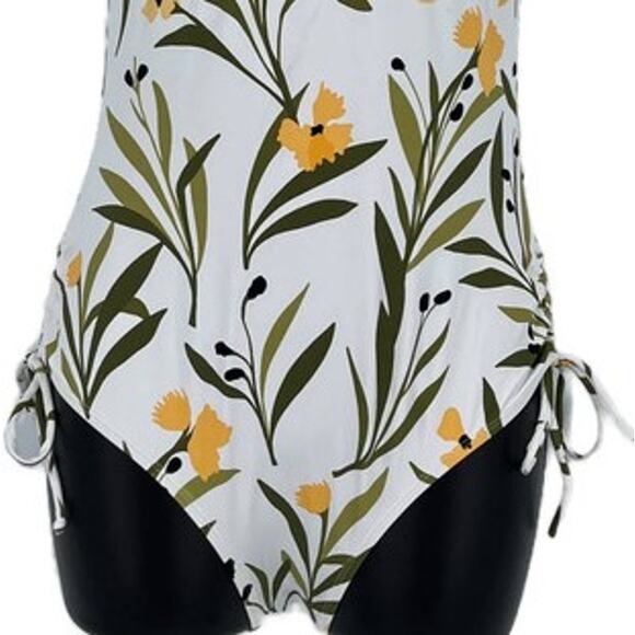 Swimsuit Classic Scrunch Floral One Piece in White Yellow and Green Print Size S - Picture 3 of 8